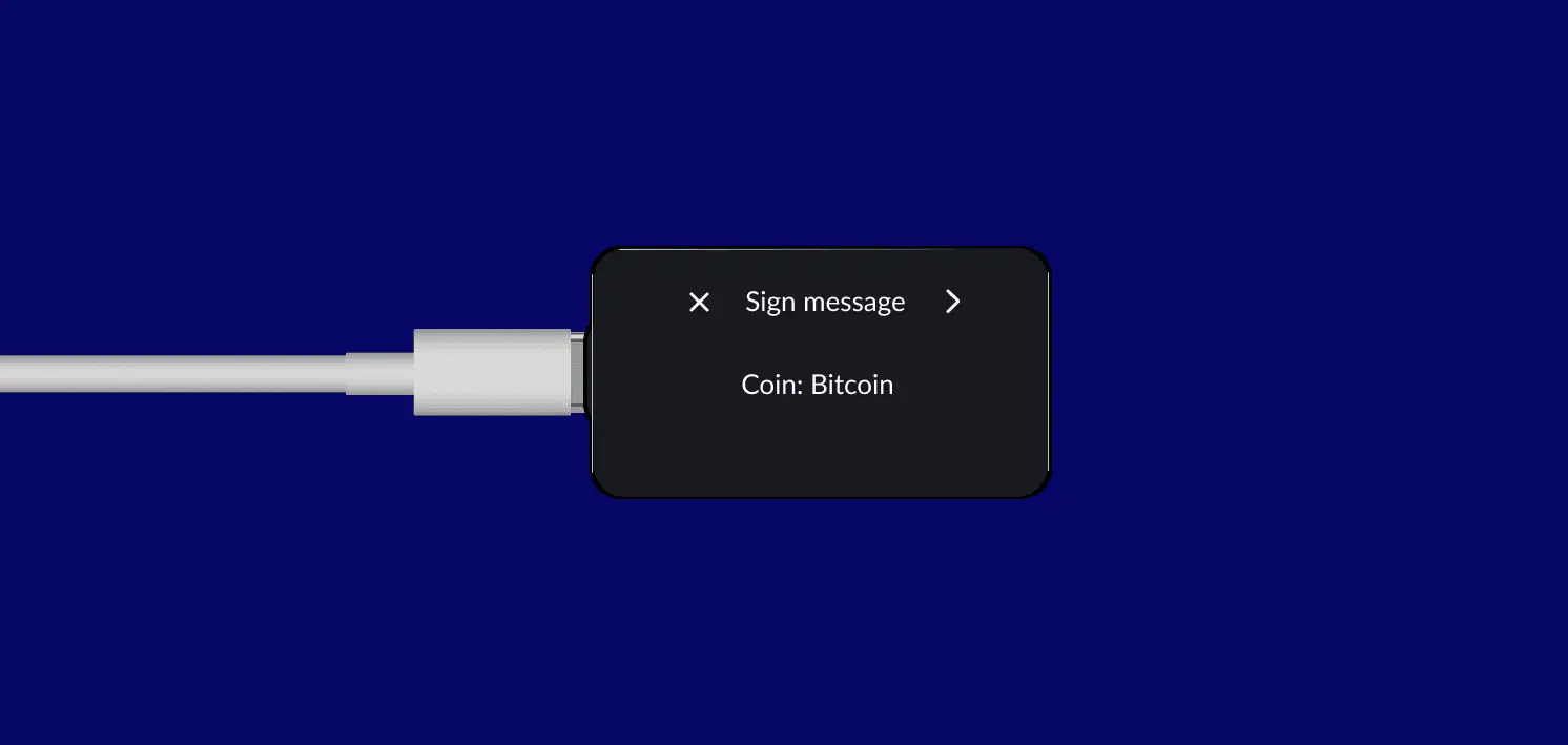 BitBox02 device screen showing a sign message prompt with the asset being proved.