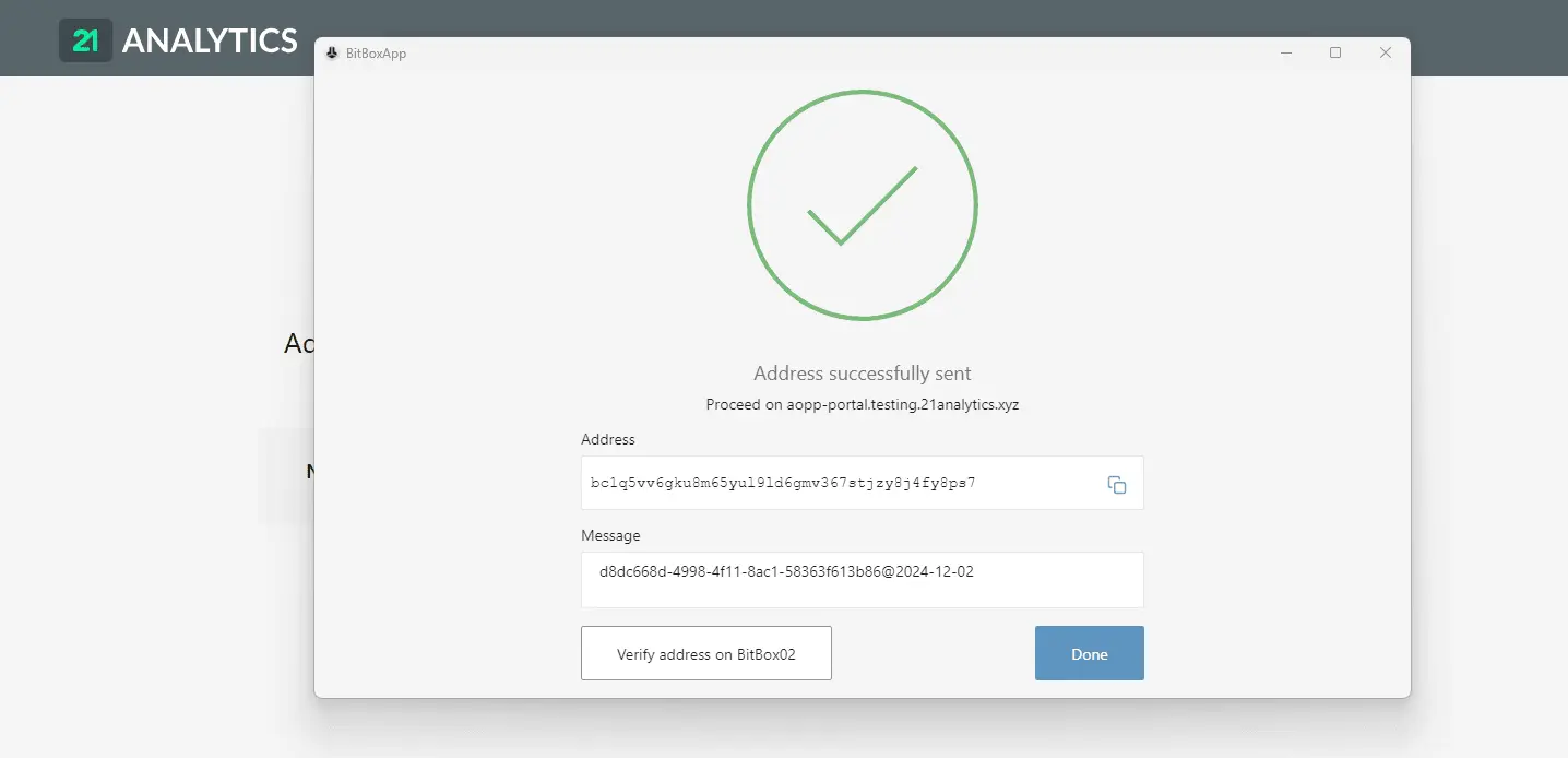 BitBoxApp showing a confirmation message indicating that the message was successfully signed.