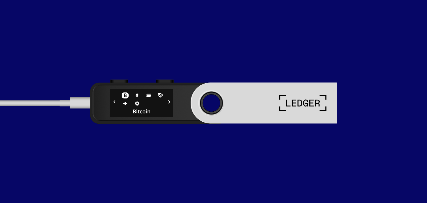 Ledger device interface showing different cryptocurrency apps (e.g., Bitcoin, Ethereum), with one selected.