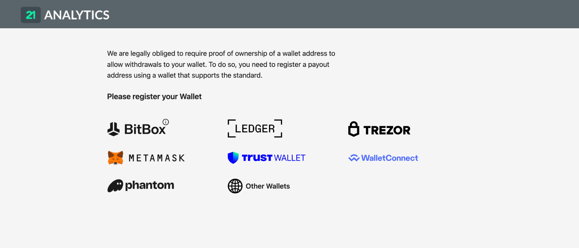 AOPP Portal webpage displaying icons of various wallet types, including the Trezor logo among others such as BitBox, Ledger, MetaMask, Trust Wallet, WalletConnect and Phantom.