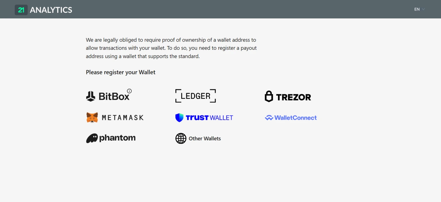 AOPP Portal webpage asking users to register a wallet address for proof of ownership, with options for BitBox, Ledger, Trezor, MetaMask, Trust Wallet, WalletConnect, Phantom and Other Wallets.