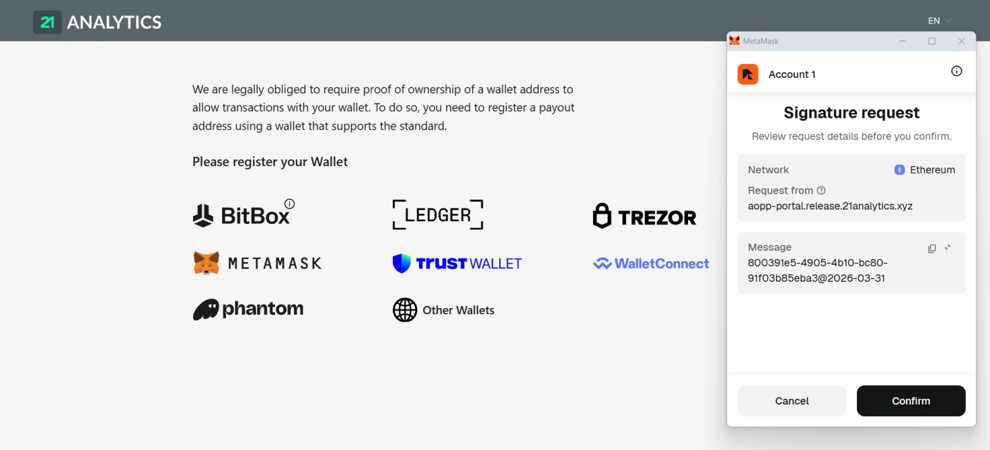 AOPP Portal wallet registration page displaying multiple wallet options, including BitBox, Ledger, Trezor, MetaMask, Trust Wallet, WalletConnect, Phantom, and Other Wallets, alongside a MetaMask pop-up requesting a signature confirmation.