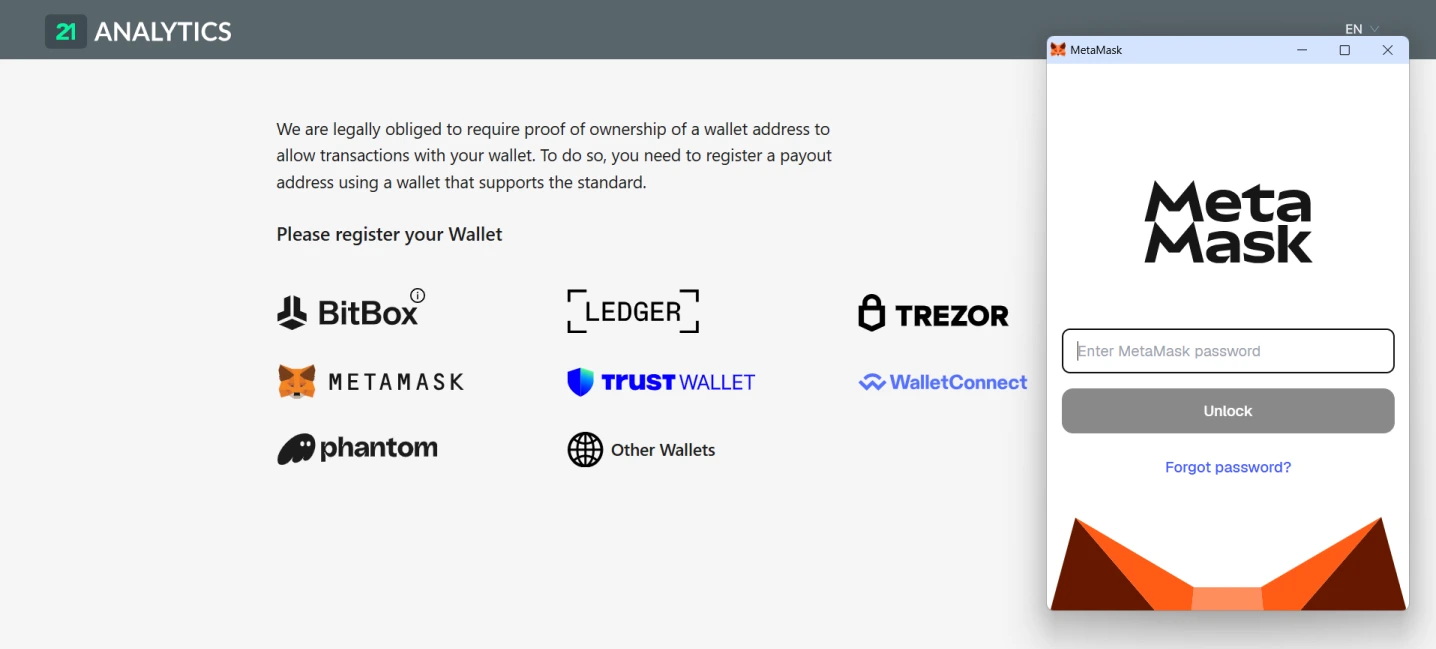 AOPP Portal webpage prompting the user to register a wallet address for proof of ownership. Options include BitBox, Ledger, Trezor, MetaMask, Trust Wallet, WalletConnect, Phantom and Other Wallets. A MetaMask login window is open on the right side, showing a password field and an “Unlock” button.