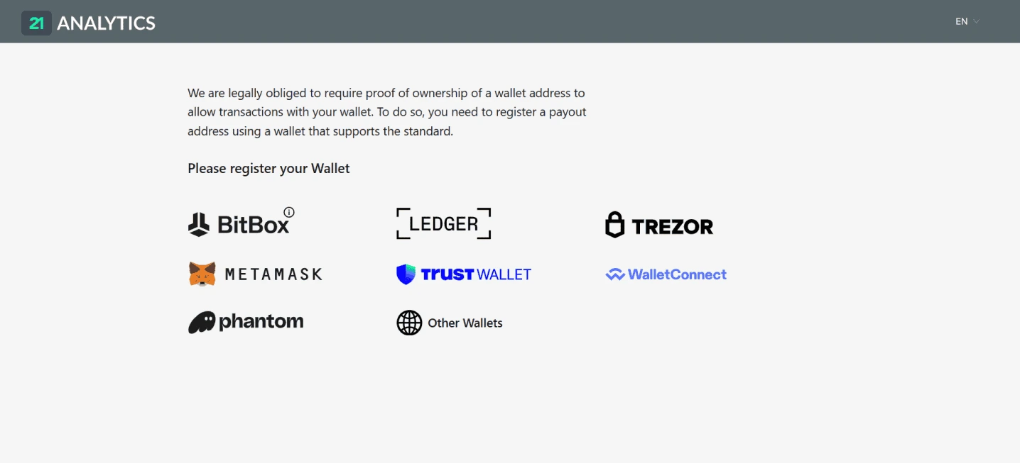 AOPP Portal webpage asking users to register a wallet for proof of ownership, with options BitBox, Ledger, Trezor, MetaMask, Trust Wallet, Wallet Connect, Phantom and Other Wallets