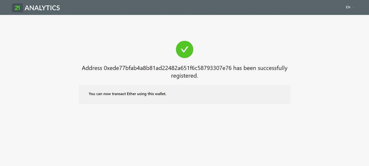 AOPP Portal confirmation screen showing a green checkmark and a message that Ether can now be transacted, and the wallet address has been successfully registered.