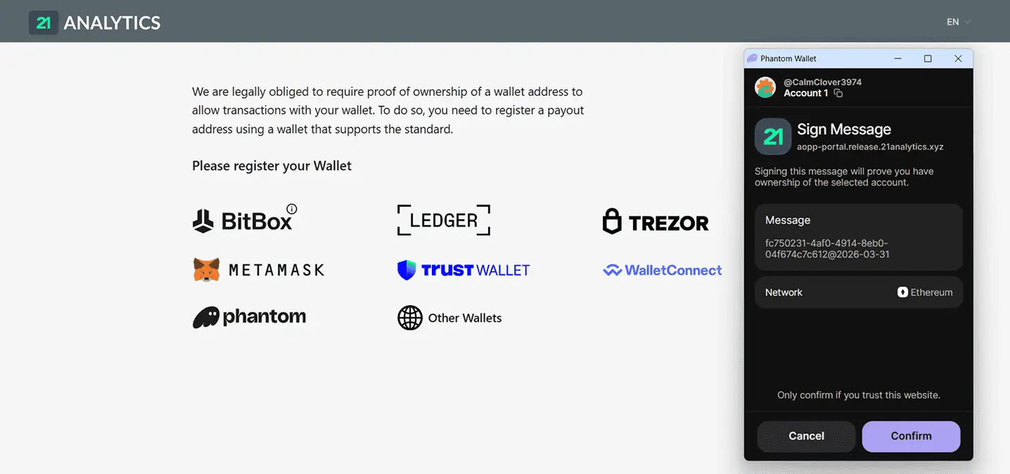 AOPP Portal wallet registration page displaying multiple wallet options, including BitBox, Ledger, Trezor, MetaMask, Trust Wallet, WalletConnect, Phantom, and Other Wallets, alongside a Phantom pop-up requesting a signature confirmation.