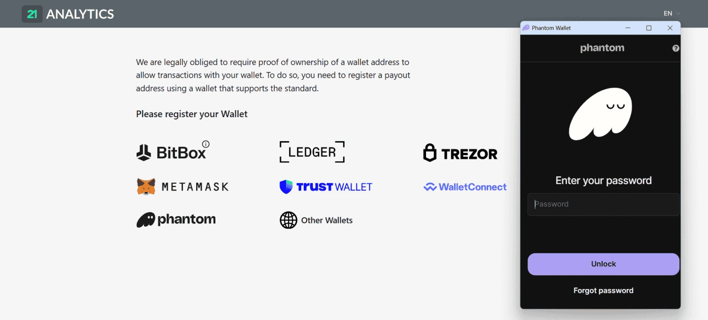 AOPP Portal webpage prompting the user to register a wallet for proof of ownership. Options include BitBox, Ledger, Trezor, MetaMask, Trust Wallet, WalletConnect, Phantom, and Other Wallets. A Phantom login window is open on the right side, showing a password field and an “Unlock” button.