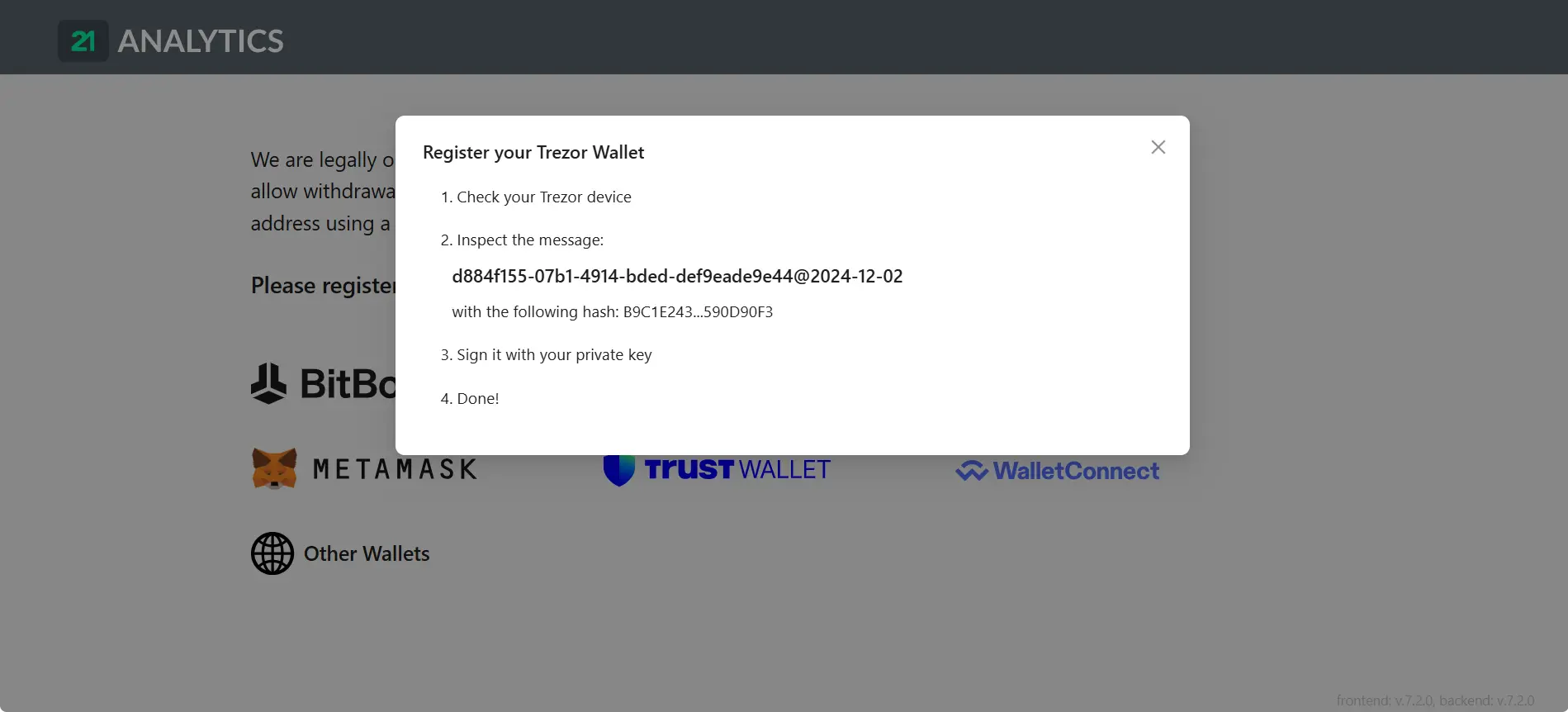 Instructions displayed in the AOPP Portal, guiding the user on how to proceed with Trezor connection and message signing.