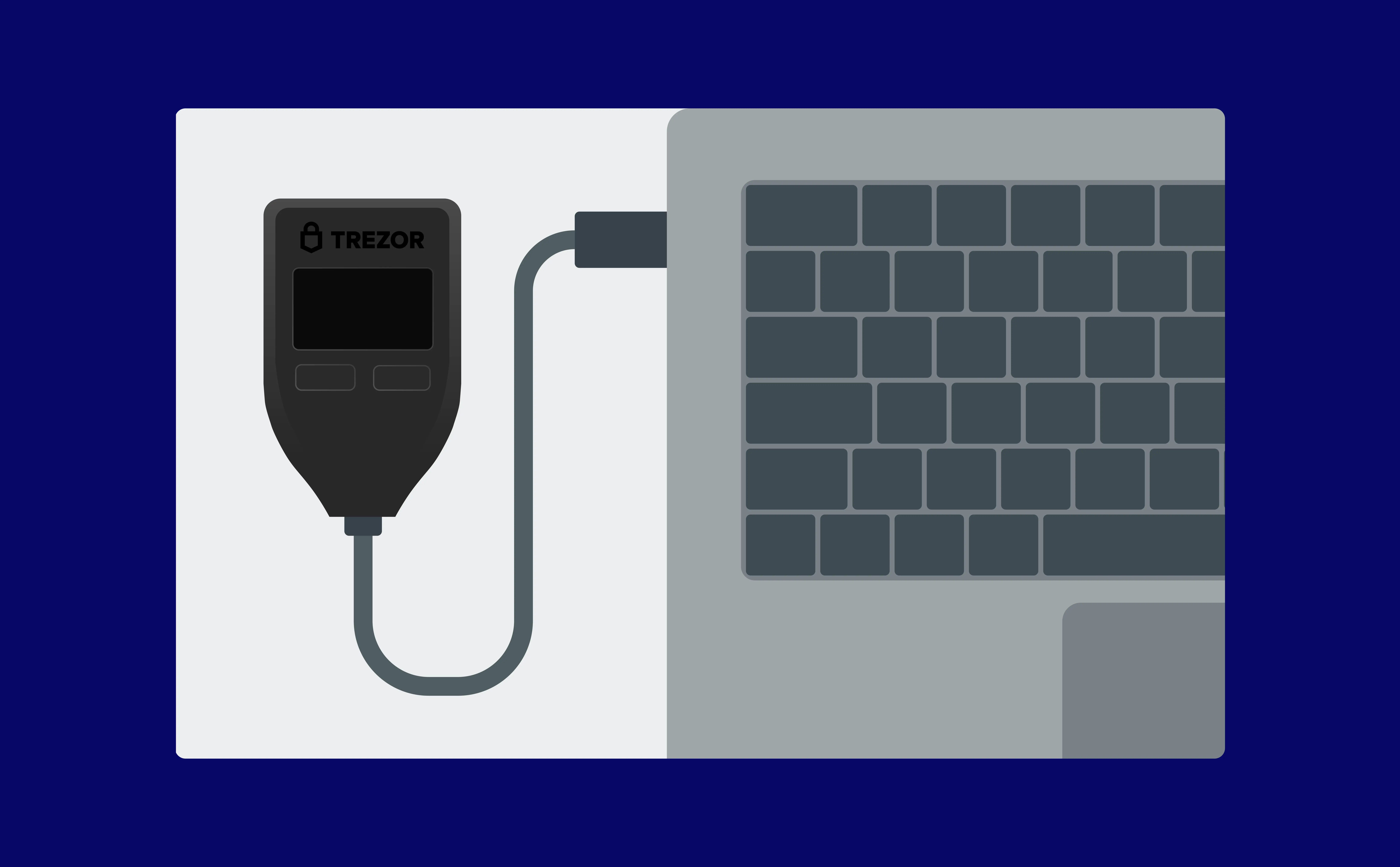 A Trezor hardware wallet device plugged into a computer via USB cable.