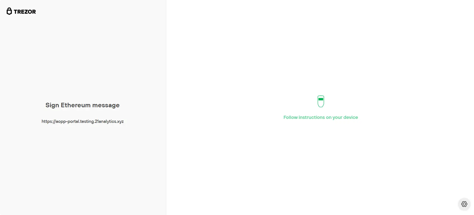 Instructions instructing the user to switch to their Trezor device to continue the signing process (still in browser).