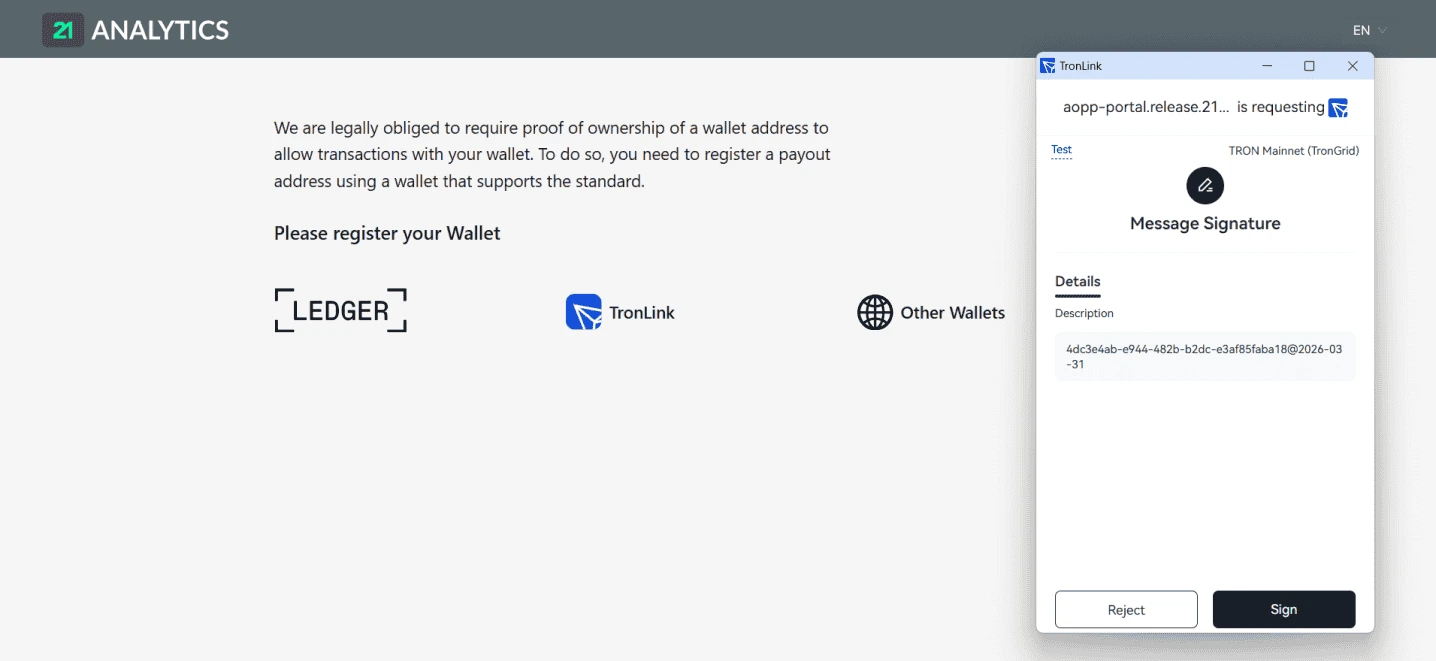 AOPP Portal webpage wallet registration page with options for Ledger, TronLink, and Other Wallets, alongside a TronLink pop-up requesting a message signature with “Reject” and “Sign” buttons.