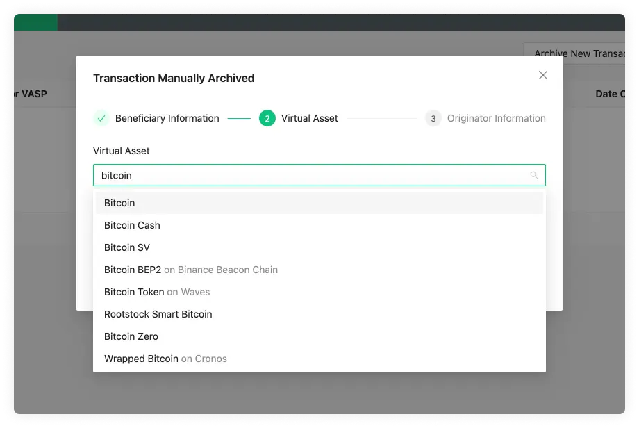 Dropdown showing the DTI virtual assets with their corresponding blockchain